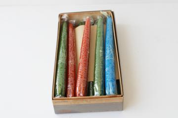 catalog photo of lot unused 70s vintage taper candles, retro olive green, orange, aqua