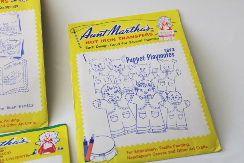 photo of lot vintage Aunt Martha's embroidery transfers, children's toys puppets, baby quilts #5