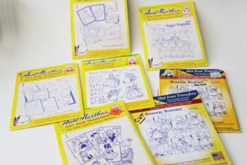 catalog photo of lot vintage Aunt Martha's embroidery transfers, children's toys puppets, baby quilts