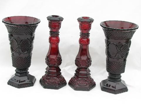 photo of lot vintage Avon ruby red Cape Cod glass tall candlesticks & vases #1