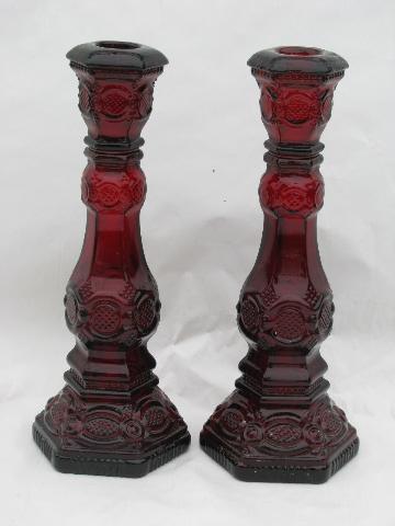 photo of lot vintage Avon ruby red Cape Cod glass tall candlesticks & vases #2