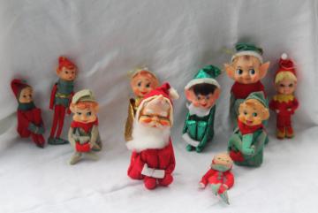 catalog photo of lot vintage Christmas ornaments decorations knee hugger Santa & elf pixies Japan