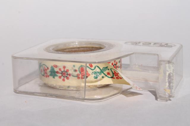 photo of lot vintage Christmas print gift wrap tapes in mid-century Scotch plaid tape dispensers #3