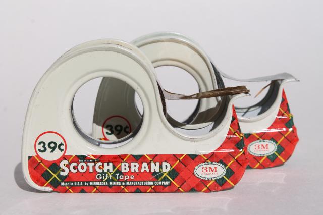 photo of lot vintage Christmas print gift wrap tapes in mid-century Scotch plaid tape dispensers #8