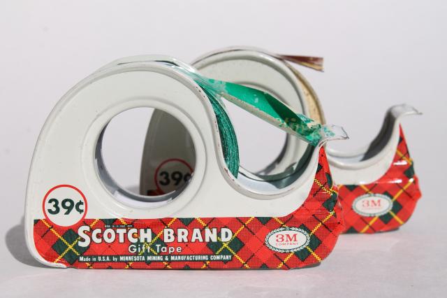 photo of lot vintage Christmas print gift wrap tapes in mid-century Scotch plaid tape dispensers #10
