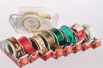 catalog photo of lot vintage Christmas print gift wrap tapes in mid-century Scotch plaid tape dispensers