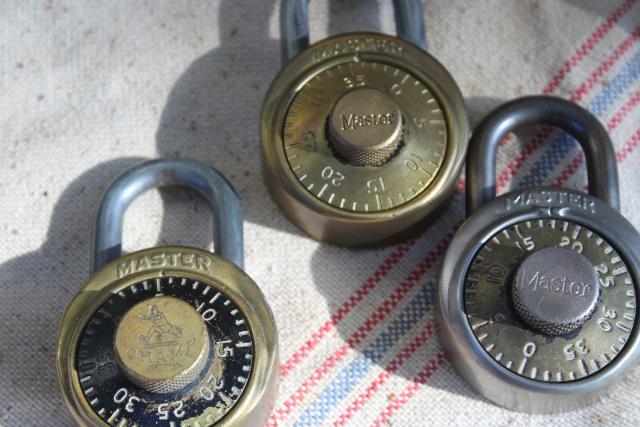 photo of lot vintage Dudley & Master combination padlocks, Champ school gym locker lock #2