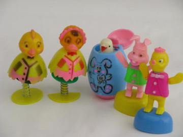 catalog photo of lot vintage Easter basket toys, push puppets, spring bobble critters