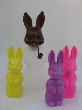 catalog photo of lot vintage Easter bunny candy containers, plastic 'chocolate' rabbit