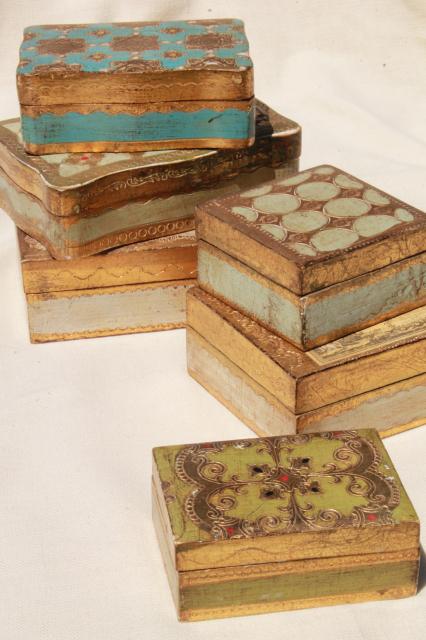 photo of lot vintage Florentine gold wood boxes, ornate gilt trinket box collection #1