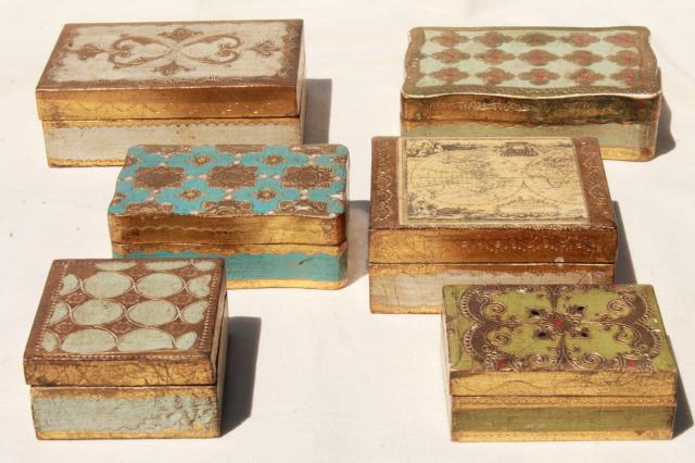 photo of lot vintage Florentine gold wood boxes, ornate gilt trinket box collection #12