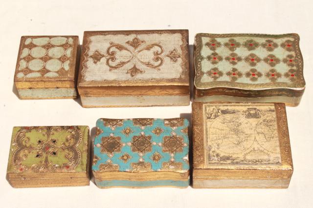 photo of lot vintage Florentine gold wood boxes, ornate gilt trinket box collection #13