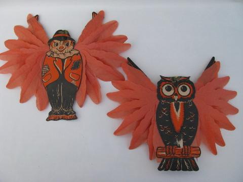 photo of lot vintage Halloween paper decorations, scarecrow and owl #1