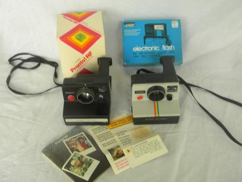 photo of lot vintage Polaroid land cameras, Pronto! RF, rainbow One Step and flash #1