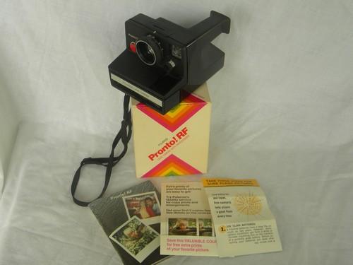 photo of lot vintage Polaroid land cameras, Pronto! RF, rainbow One Step and flash #2