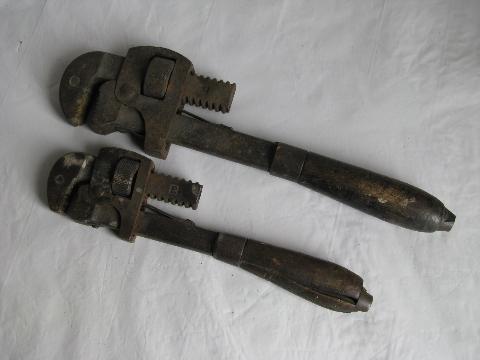 photo of lot vintage Stillson plumbing/pipe wrenches w/wood handles, Oswego Tool Co #1