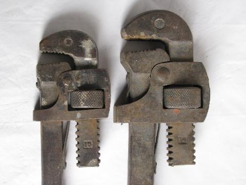 photo of lot vintage Stillson plumbing/pipe wrenches w/wood handles, Oswego Tool Co #2