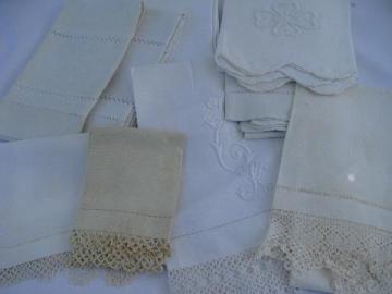 catalog photo of lot vintage antique whitework linen damask & cotton towels, crochet & tatted lace