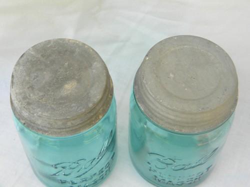 photo of lot vintage aqua blue glass Ball mason fruit jars/canisters, zinc lids #3