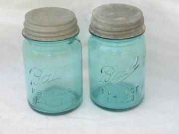 catalog photo of lot vintage aqua blue glass Ball mason fruit jars/canisters, zinc lids