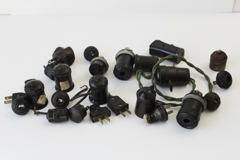 photo of lot vintage bakelite electrical parts lamp sockets, plugs, switches for industrial lighting etc  #1