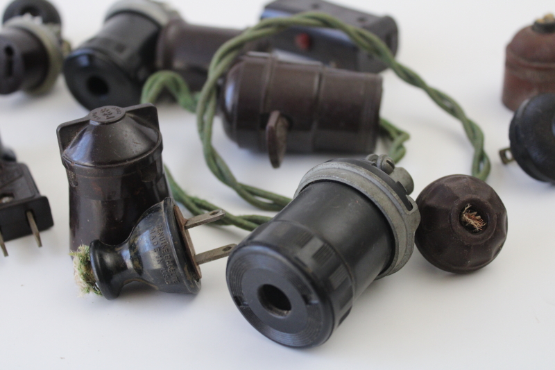 photo of lot vintage bakelite electrical parts lamp sockets, plugs, switches for industrial lighting etc  #4