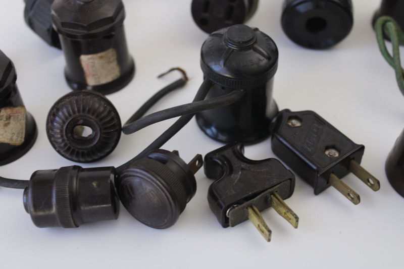 photo of lot vintage bakelite electrical parts lamp sockets, plugs, switches for industrial lighting etc  #8