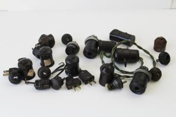 catalog photo of lot vintage bakelite electrical parts lamp sockets, plugs, switches for industrial lighting etc 