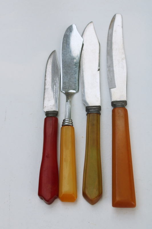 photo of lot vintage bakelite handled kitchen utensils, assorted knives w/ colorful catalin handles #2