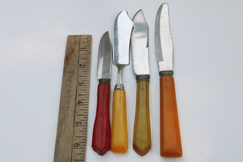 photo of lot vintage bakelite handled kitchen utensils, assorted knives w/ colorful catalin handles #3