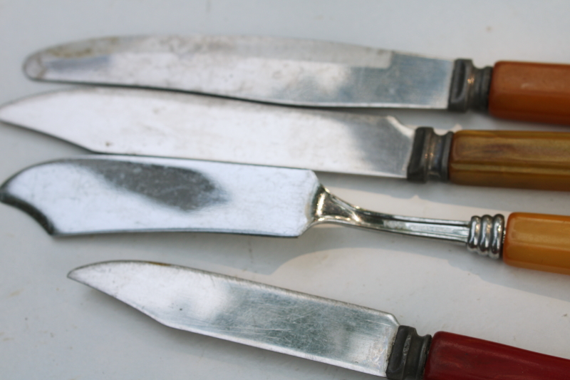 photo of lot vintage bakelite handled kitchen utensils, assorted knives w/ colorful catalin handles #5