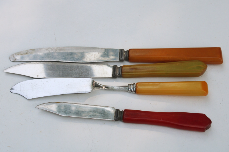 photo of lot vintage bakelite handled kitchen utensils, assorted knives w/ colorful catalin handles #6