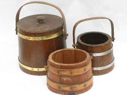 photo of lot vintage banded wood barrel buckets, old wooden Putney bucket #1