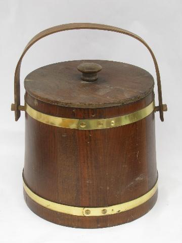 photo of lot vintage banded wood barrel buckets, old wooden Putney bucket #2