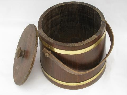 photo of lot vintage banded wood barrel buckets, old wooden Putney bucket #3