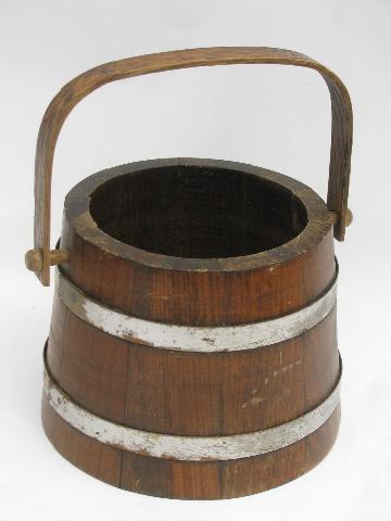 photo of lot vintage banded wood barrel buckets, old wooden Putney bucket #4