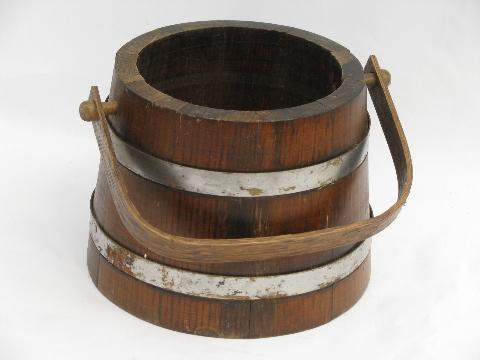 photo of lot vintage banded wood barrel buckets, old wooden Putney bucket #5