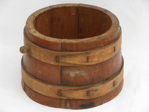 photo of lot vintage banded wood barrel buckets, old wooden Putney bucket #6