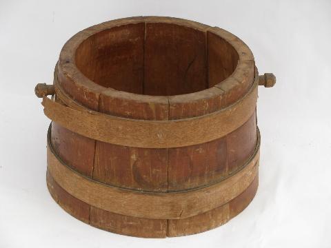 photo of lot vintage banded wood barrel buckets, old wooden Putney bucket #7