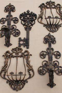 catalog photo of lot vintage black & gold rococo plastic wall art, candle sconces, ivy pockets, giant key!