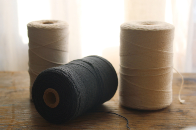 photo of lot vintage black & natural white cotton string or package tying cord, big old spools of heavy cotton thread #1
