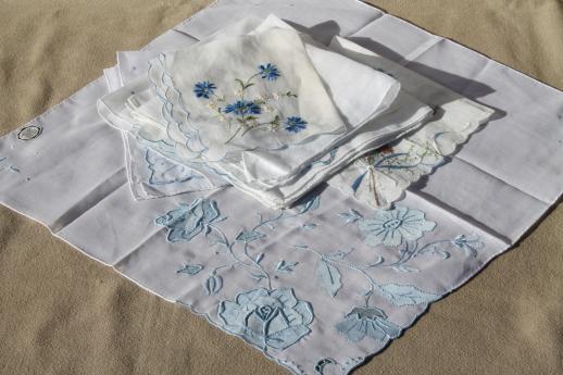 photo of lot vintage blue & white wedding / bride's hankies, Swiss embroidery & Madeira handkerchiefs #1