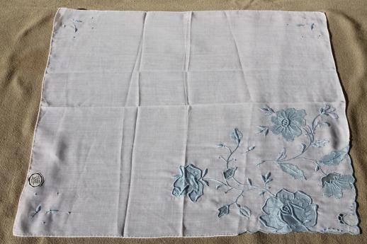 photo of lot vintage blue & white wedding / bride's hankies, Swiss embroidery & Madeira handkerchiefs #2