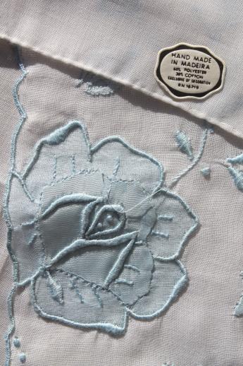 photo of lot vintage blue & white wedding / bride's hankies, Swiss embroidery & Madeira handkerchiefs #3