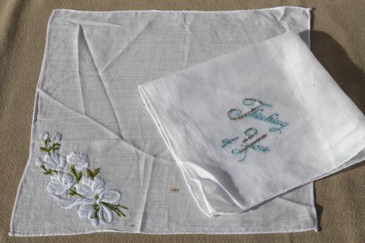 photo of lot vintage blue & white wedding / bride's hankies, Swiss embroidery & Madeira handkerchiefs #5