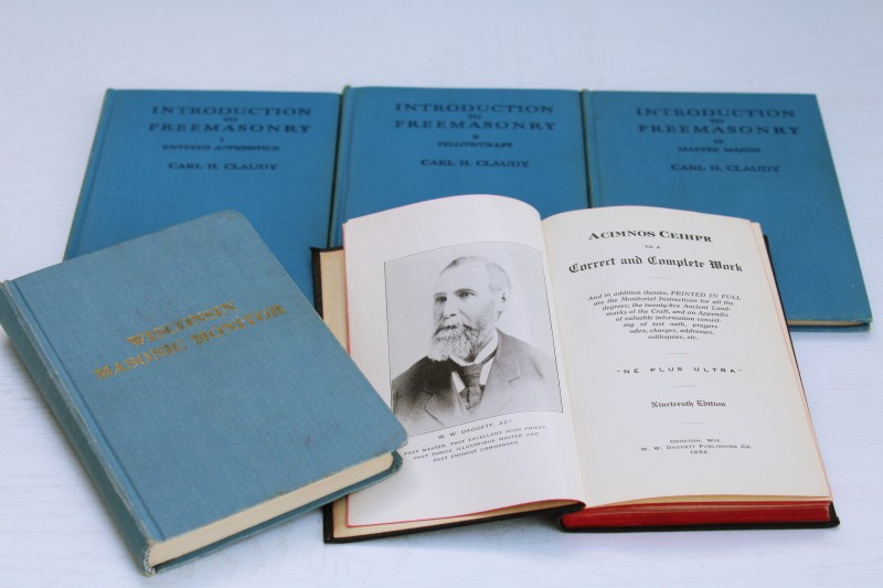 photo of lot vintage books Masons fraternal order Introduction to Freemasonry, Wisconsin Masonic Monitor #1