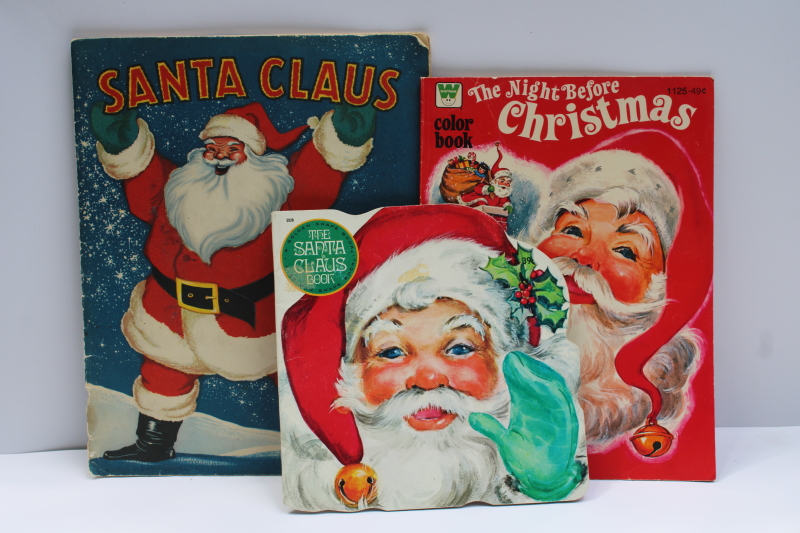 photo of lot vintage books fuzzy wuzzy flocked Santa Claus, Night Before Christmas coloring book  #1