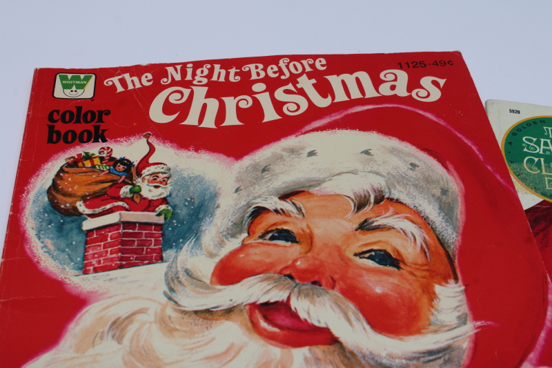 photo of lot vintage books fuzzy wuzzy flocked Santa Claus, Night Before Christmas coloring book #7