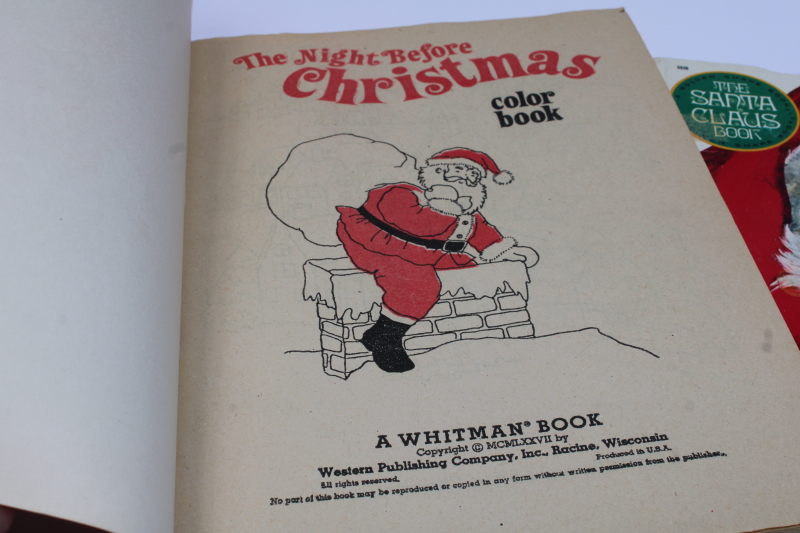 photo of lot vintage books fuzzy wuzzy flocked Santa Claus, Night Before Christmas coloring book #8