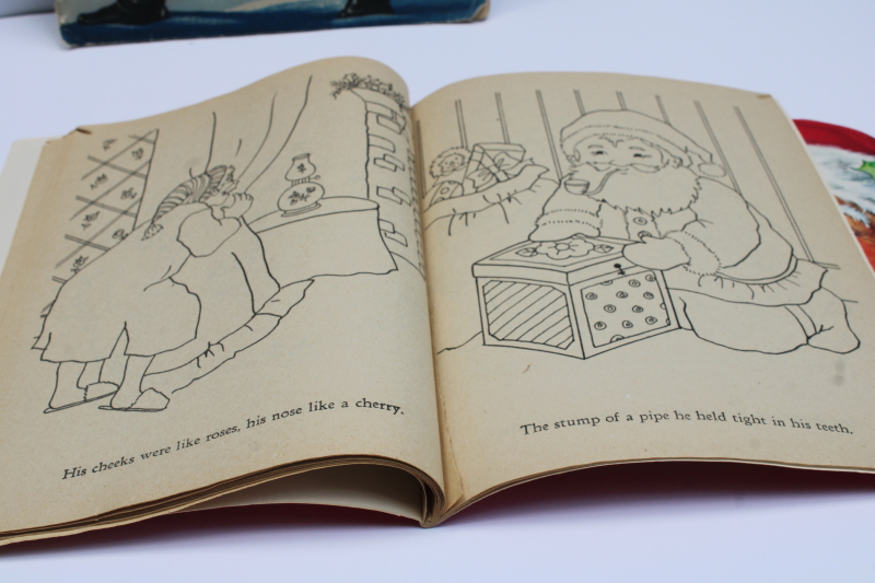 photo of lot vintage books fuzzy wuzzy flocked Santa Claus, Night Before Christmas coloring book #9